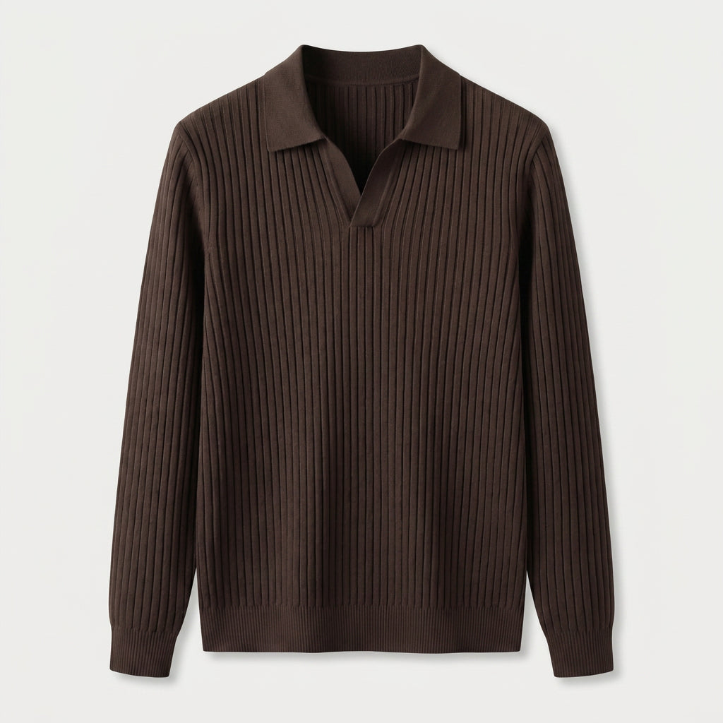 Men's Ribbed Knit Polo Sweater – Open Collar
