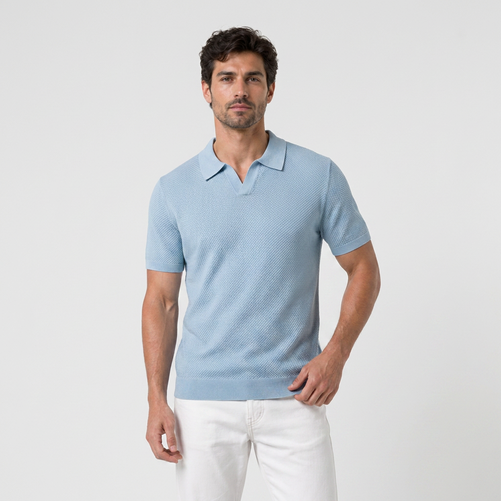Navy knit polo front